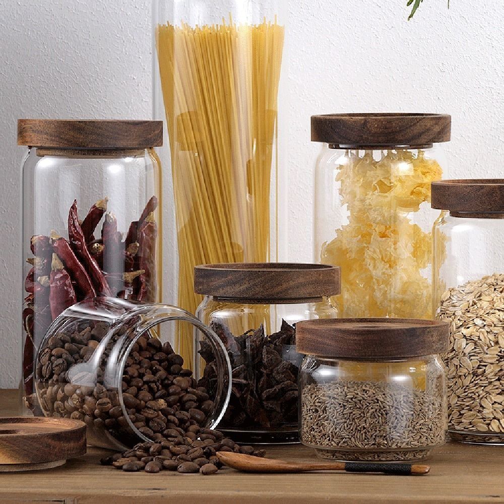 Coffee Tea And Sugar Canister Set - Multifunctionele glazen voorraadpot met houten deksel,
